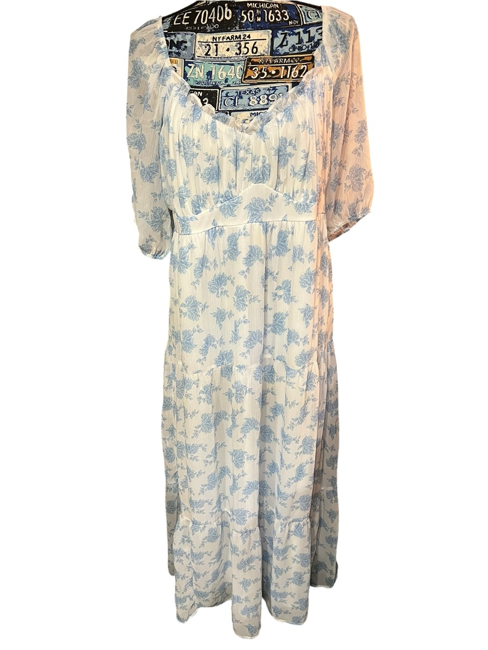 Arula Tea Party Blue White Floral Cottage Core Babydoll Dress Sheer Sleeve Sz 1X
